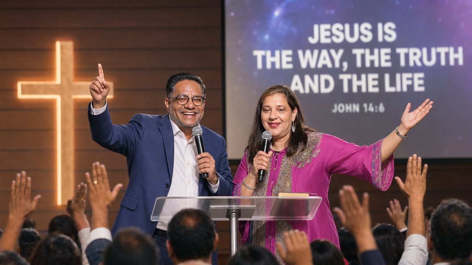Pastors John and Valerie Malcolm speaking on stage at Calvary Church Hong Kong, with the congregation's hands raised in the foreground and a lit cross behind them.
